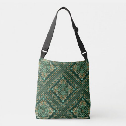 Vintage Damask Pattern _ Emerald green and gold Crossbody Bag