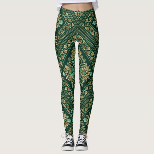 Vintage Damask Pattern _ Emerald green and gold Leggings