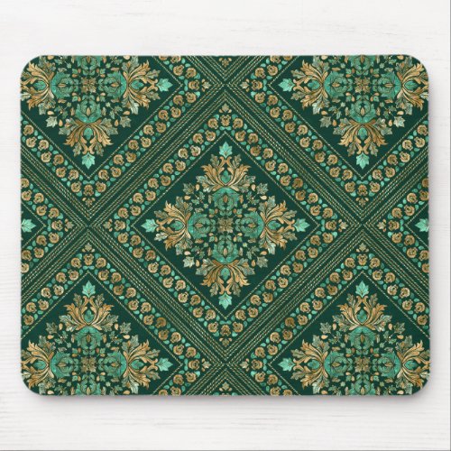 Vintage Damask Pattern _ Emerald green and gold Mouse Pad