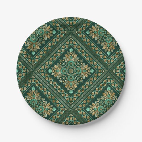 Vintage Damask Pattern _ Emerald green and gold Paper Plates