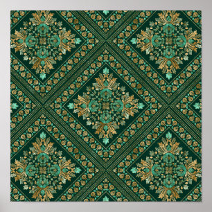 Vintage Damask Pattern - Emerald green and gold Poster