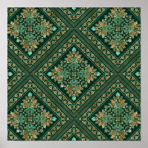 Vintage Damask Pattern _ Emerald green and gold Poster