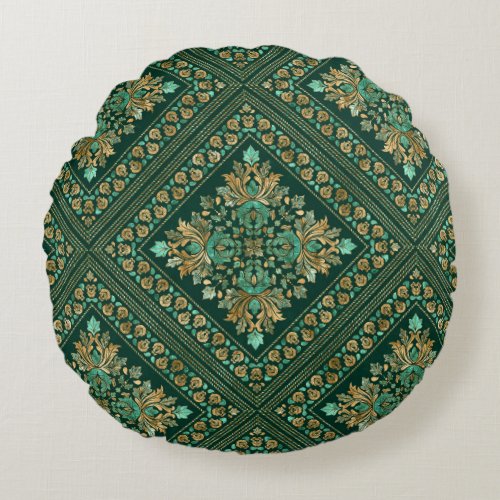 Vintage Damask Pattern _ Emerald green and gold Round Pillow