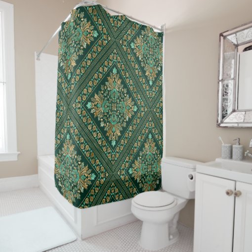 Vintage Damask Pattern Emerald green and gold Shower Curtain Zazzle