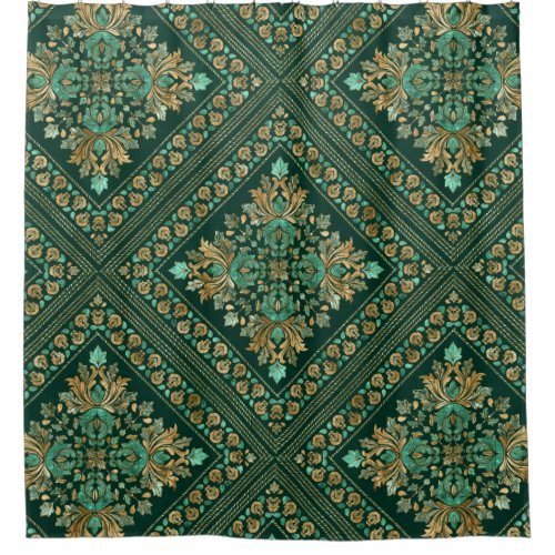 Vintage Damask Pattern _ Emerald green and gold Shower Curtain