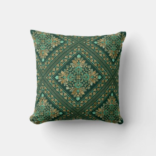 Vintage Damask Pattern _ Emerald green and gold Throw Pillow
