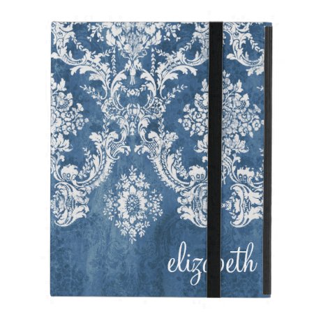 Vintage Damask Pattern - Grungy Sapphire Blue Ipad Cover