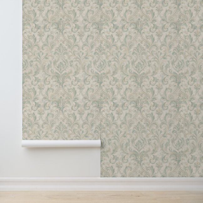 Vintage Damask Pattern in Sage Green and Beige Wallpaper