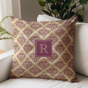 Vintage Damask Pattern Monogram Burgundy Gold Throw Pillow