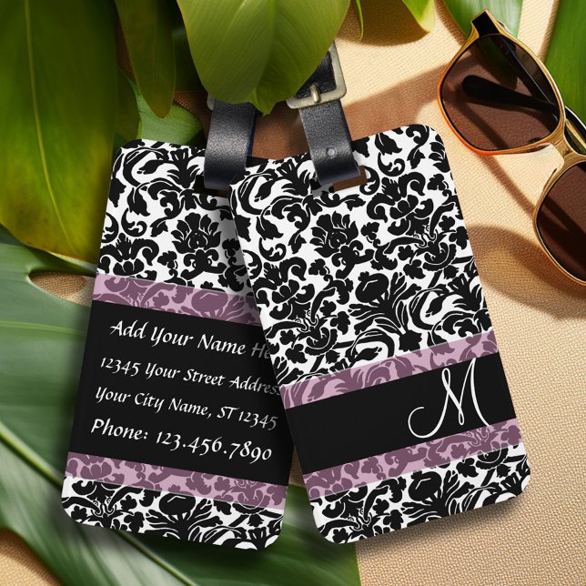 Vintage Damask Pattern with Monogram Luggage Tag (Personalized luggage tag with monogram)