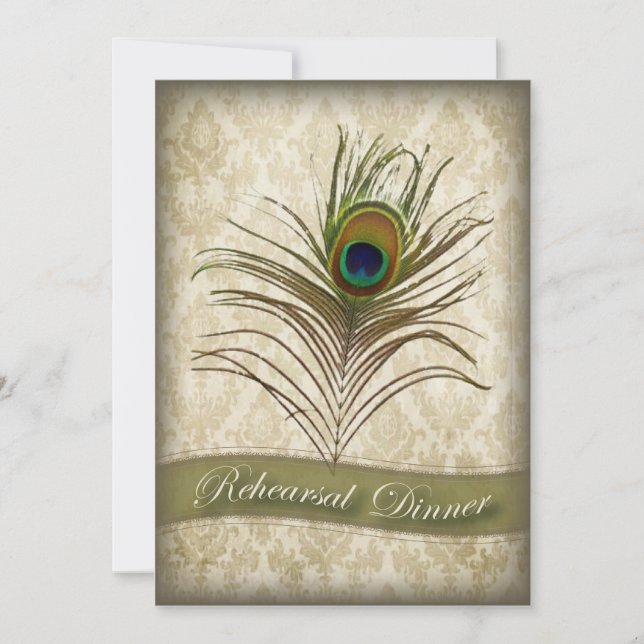 Vintage damask peacock Rehearsal Dinner invite (Front)