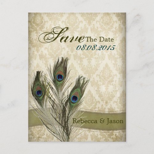 vintage damask peacock wedding save the date announcement postcard
