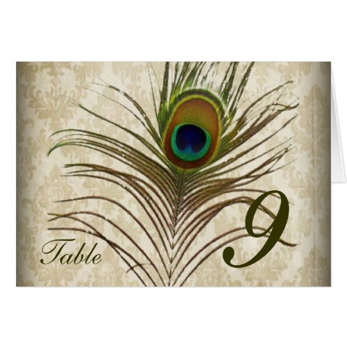 Vintage damask peacock wedding table number card