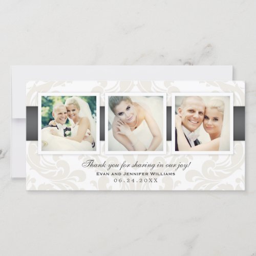 Vintage Damask Pewter Wedding Photo Collage Thank You Card