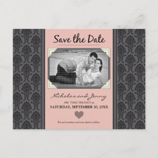 Vintage Damask Photo Coral Save the Date Announcement Postcard