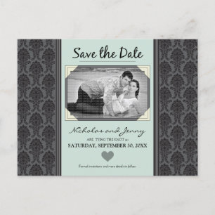 Vintage Damask Photo Sage Green Save the Date Announcement Postcard