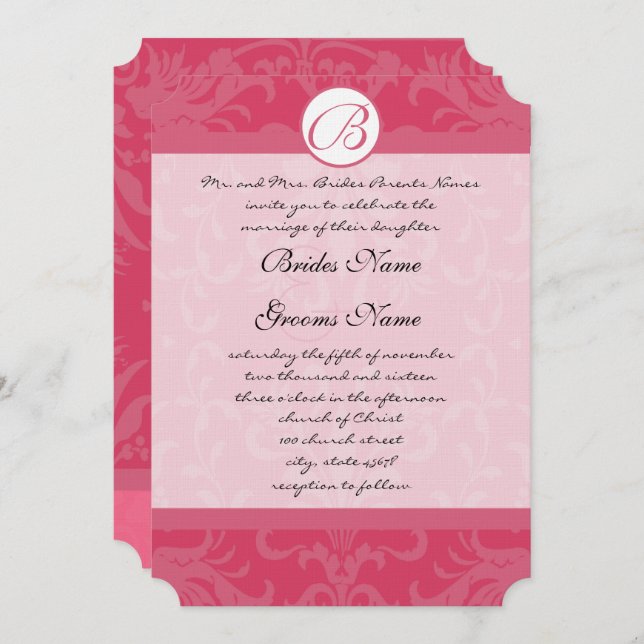 Vintage Damask Pink Monogram Wedding Invitations (Front/Back)