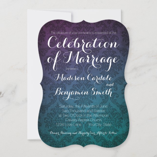 Vintage Damask Purple Aqua Ombre Wedding Invites (Front)