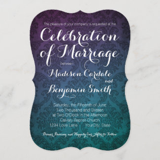 Vintage Damask Purple Aqua Ombre Wedding Invites