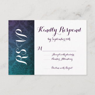 Vintage Damask Purple Aqua Ombre Wedding RSVP Card