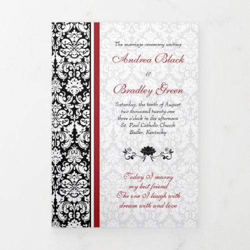 Vintage Damask Red Black  Tri_Fold Wedding Program