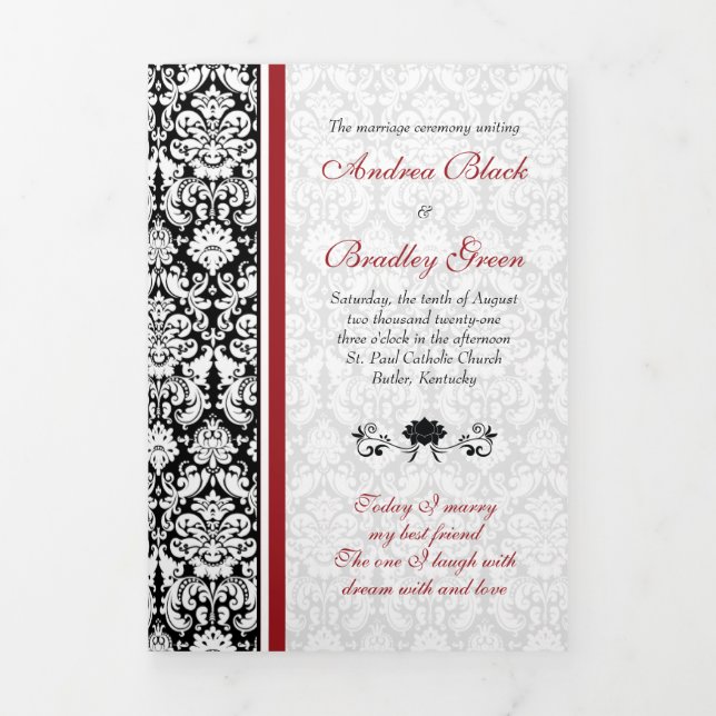 Vintage Damask Red Black  Tri-Fold Wedding Program (Cover)