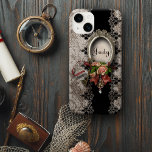 Vintage Damask Rose and Lace w/Name iPhone 8/7 Case<br><div class="desc">Elegant formal design featuring ornate silver frame with space for customization, cluster of vintage roses in pink and burgandy with ribbon, antique skeleton key and hanging jeweled portrait pendant. Background features distressed black and linen damask with ornate sculpted borders. Note: Sculpted, engraved, embossed and dimensional effects, layered, aged or eroded...</div>