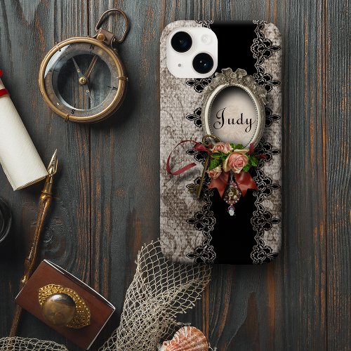 Vintage Damask Rose and Lace wName iPhone 87 Case