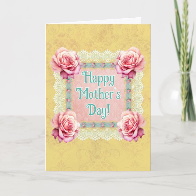Vintage Damask Roses Lace Personalized Card (Front)