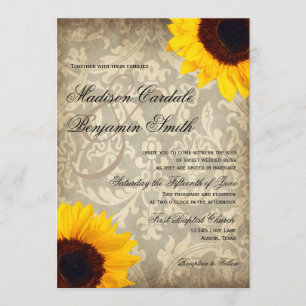 Vintage Damask Rustic Sunflower Wedding Invitation