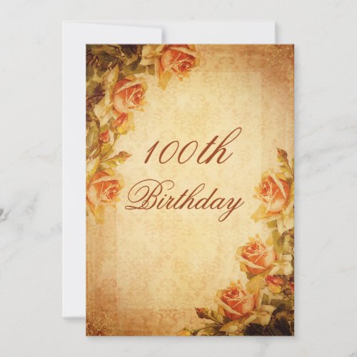 Vintage Damask Shabby Chic Peach Roses 100th Invitation