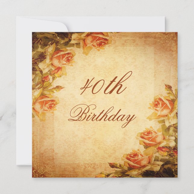 Vintage Damask Shabby Chic Peach Roses 40th Invitation (Front)