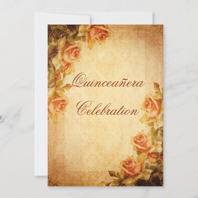 Vintage Damask Shabby Chic Peach Roses Quinceañera Invitation (Front)