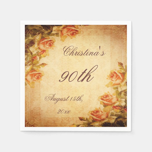 Vintage Damask Shabby Chic Peach Roses Serviettes Napkins (Front)
