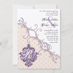 Vintage Damask Silver Peony & Grape Wedding Invite