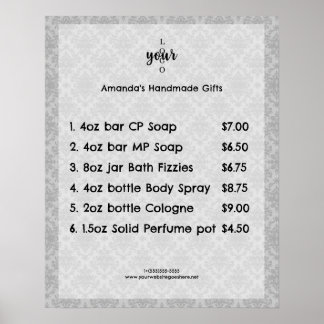Vintage Damask Small Business Price List Poster
