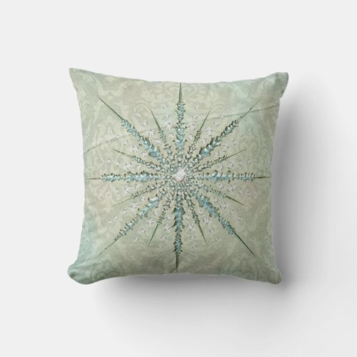 Vintage damask snowflake elegant faded green gray throw pillow