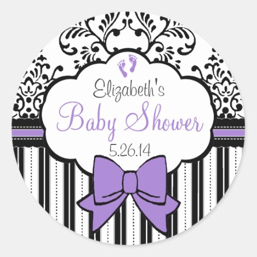 Vintage Damask Stripes And Bow Purple Baby Shower Classic Round Sticker