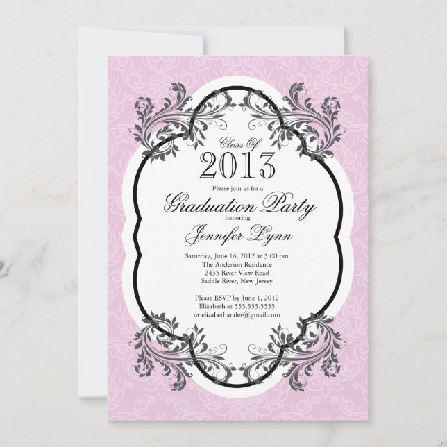 Vintage Damask Stylish Pink Graduation Party Invitation (Front)