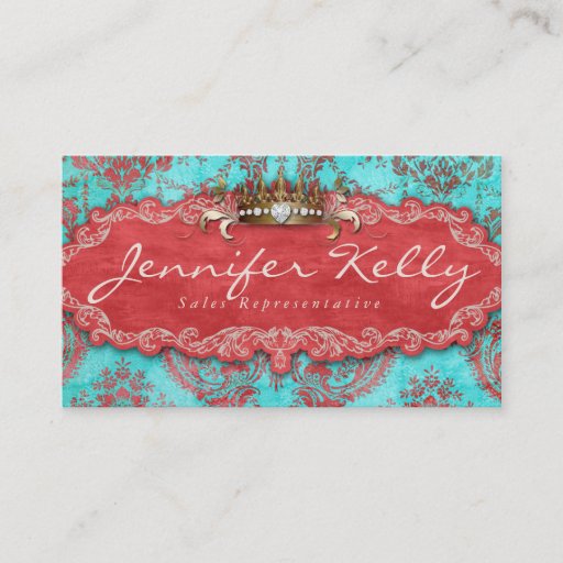 Customizable Vintage Business Card Damask Suede Blue Crown