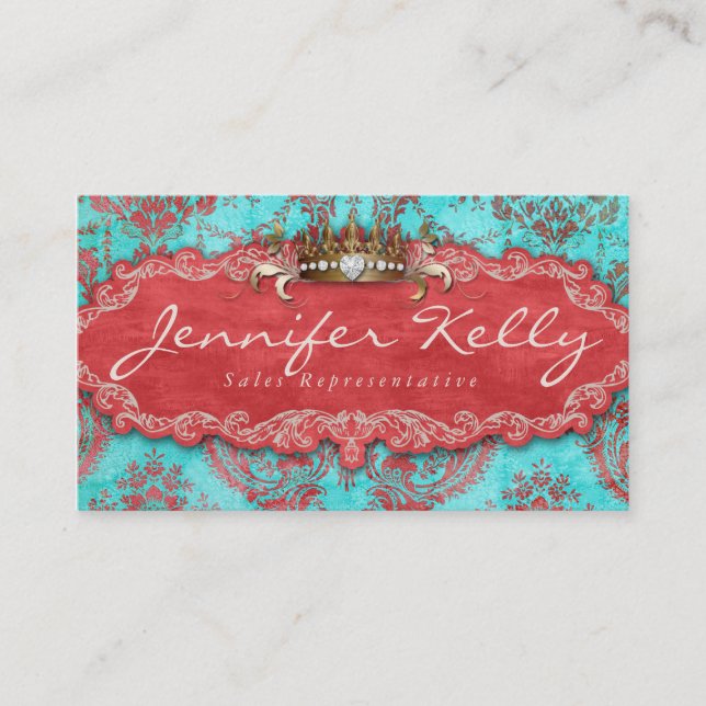 Vintage Damask Suede Blue Crown Business Card (Front)
