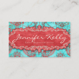 Vintage Damask Suede Turquoise Blue Red Business Card
