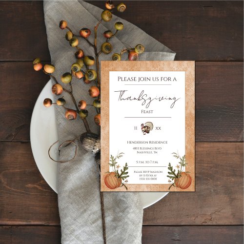 Vintage Damask Thanksgiving Dinner  Orange Invitation