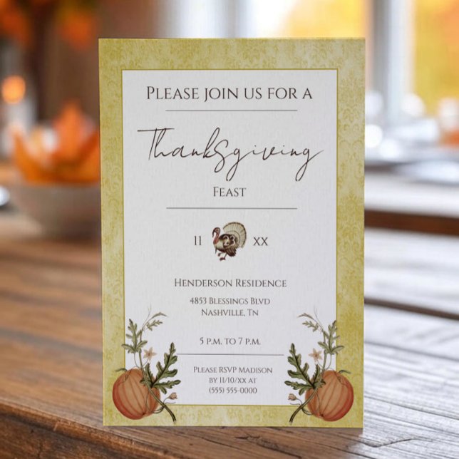 Vintage Damask Thanksgiving Dinner | Yellow Invitation (Yellow Vintage Damask Thanksgiving Dinner Invitation)