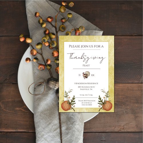 Vintage Damask Thanksgiving Dinner  Yellow Invitation