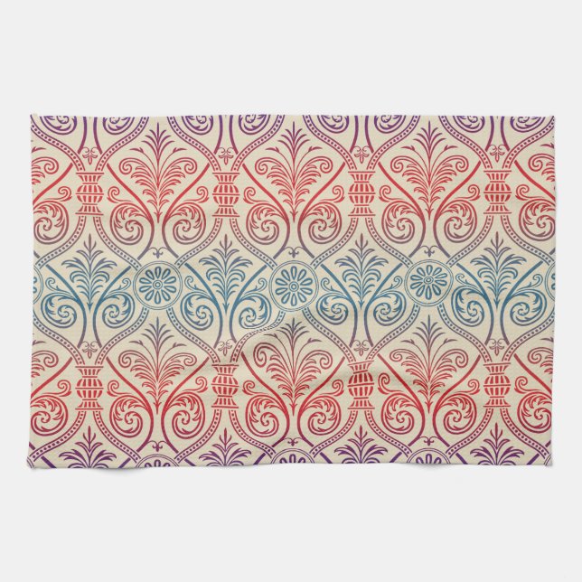 Vintage Damask Wallpaper - blue violet red Kitchen Towel (Horizontal)