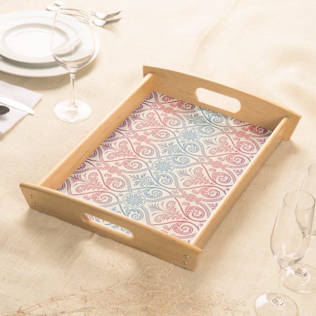 Vintage Damask Wallpaper - blue violet red Serving Tray (Front)