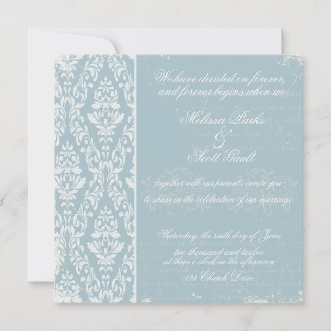 Vintage damask wedding invitation Blue (Front)