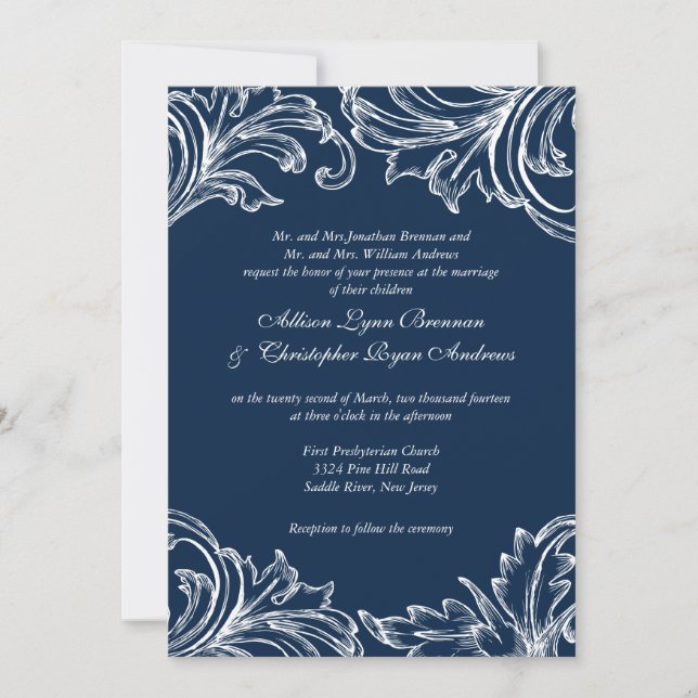Vintage Damask Wedding Invitation Navy Blue White (Front)