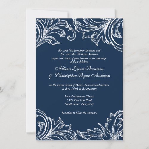 Vintage Damask Wedding Invitation Navy Blue White